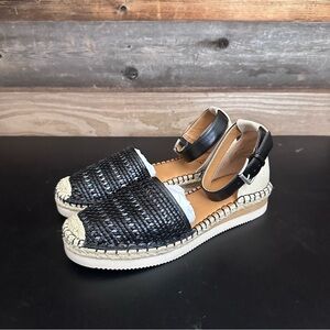 a.n.a Clara Flat Espadrille Ankle Strap Black & Beige Faux Leather Sz 8.5 EUC